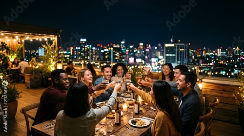 Diverse friends drinking wine at a dinner party on a city rooftop at night