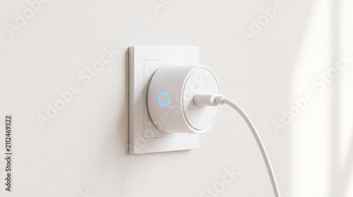 Modern Minimalist Smart Power Plug Adapter Connected to Wall Outlet with Active Glowing LED Indicator for Energy Management and Charging