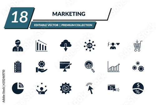 filled marketing icons set - salesman, diagrams, download from cloud, viral. editable vector for web and mobile ui