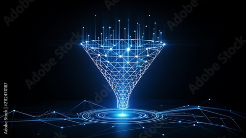 Abstract digital sales funnel with particles representing business optimization and customer journey