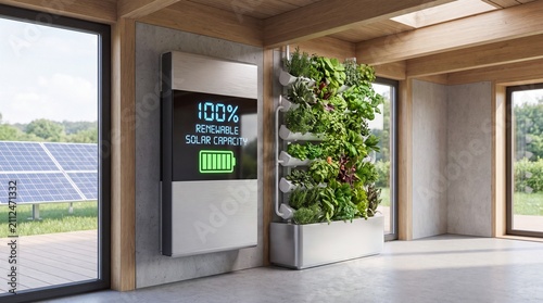 Sustainable Modern Home Interior Featuring Solar Battery Storage and Vertical Indoor Hydroponic Garden