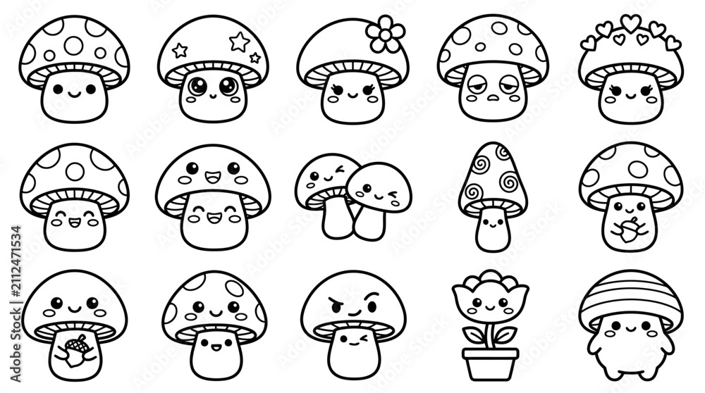 Obraz premium Cute Kawaii Mushrooms Collection, Hand-Drawn Vector Illustrations