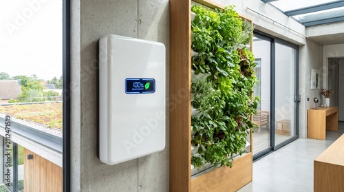 Sustainable home battery storage system mounted on concrete wall next to lush vertical garden in a modern eco-friendly living space