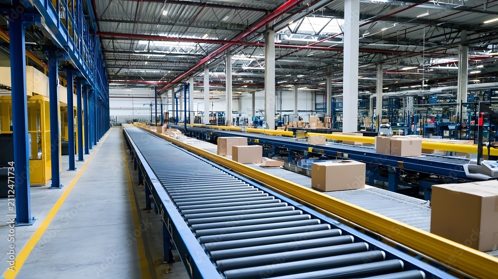 Fototapeta premium A large warehouse interior featuring conveyor belts transporting cardboard boxes through a structured industrial space