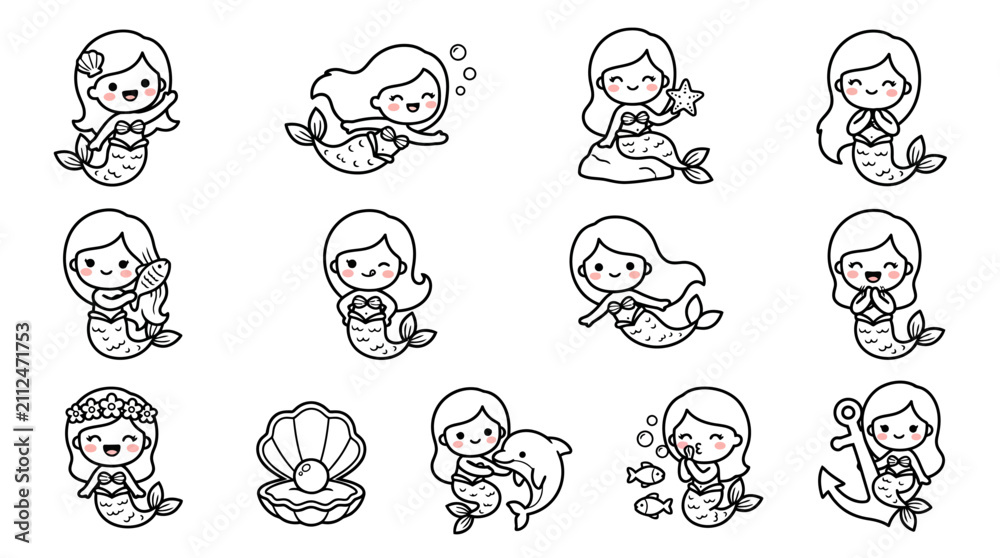 Fototapeta premium Cute Mermaid Collection, Kawaii Underwater Fantasy Characters