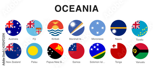 round flag icons of oceania nations. circular national flags of australia fiji and pacific island states. labeled country flag badge collection. glossy pacific region flag set

