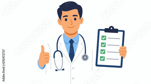 Confident male physician in white coat with stethoscope holding completed medical checklist clipboard, thumbs up approval gesture, healthcare professional portrait illustration