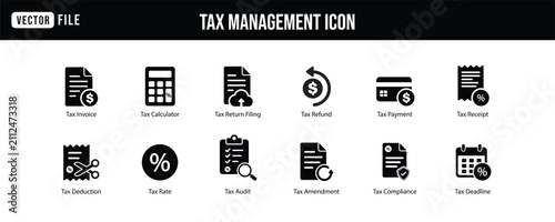 Foto Tax Management Solid Glyph Icons Set - Tax Return, Refund, Payment and Audit Vec