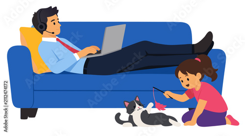Work-from-home father multitasking on blue couch with laptop and headset while daughter plays with black and white cat indoors