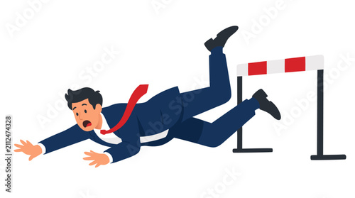 Businessman Falling and Tripping Over Hurdle Obstacle, Bold Flat Design Vector Illustration of Business Failure and Setback