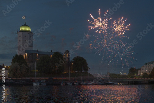 Festive fireworks against the backdrop of Vyborg Castle