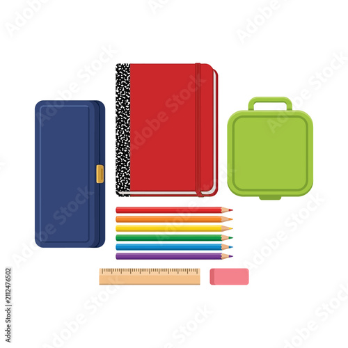 Foto A vibrant assortment of school necessities, including a red composition notebook, colorful pencils, a ruler, and an eraser, is displayed on a clean white background