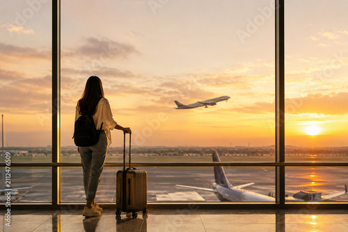 Woman at Airport at Sunset: A woman with a backpack and suitcase stands by the window in an airport, looking out at a plane taking off against a beautiful sunset sky.