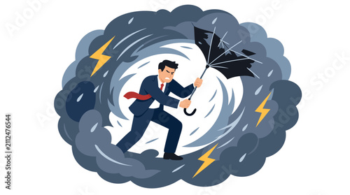 Frustrated businessman battling fierce storm with broken umbrella amid swirling dark clouds and lightning bolts, bold flat vector illustration symbolizing business adversity and resilience