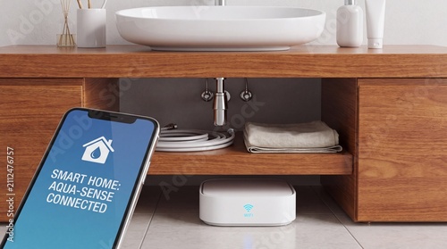 Smart home water leak detection system monitored via smartphone app in a modern bathroom setup