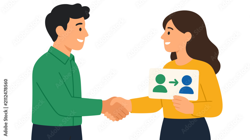 Obraz premium Professional man and woman shaking hands exchanging referral card with arrow icon symbolizing successful business recommendation and partnership agreement