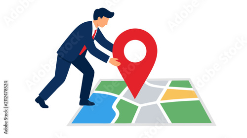 Professional businessman placing red location pin marker on colorful map grid, flat design illustration for business navigation and strategic planning concepts
