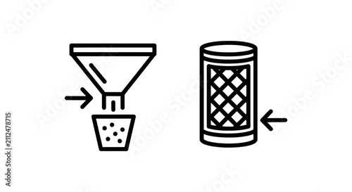 Sediment trap and cleaner filter industrial icons with sediment industrial filtration purification equipment separation technology mechanical maintenance cartridge processing