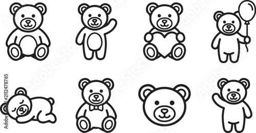 Collection of cute teddy bears in simple poses