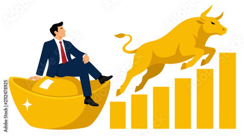 Confident businessman relaxing on massive gold ingot as golden bull charges across ascending bar charts symbolizing bullish market growth and financial success