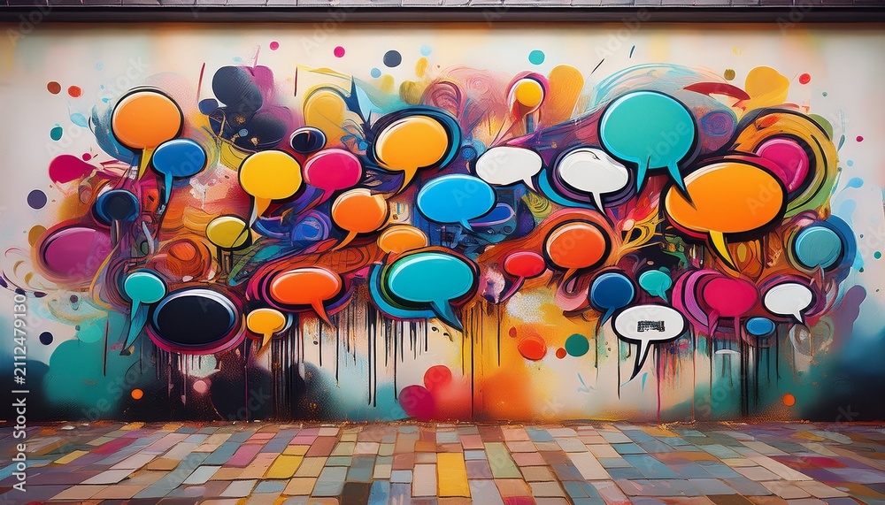 Fototapeta premium playful dialogue bubbles reminiscent of graffiti art decorate a plain wall