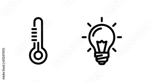 Thermometer temperature reading and glowing light bulb icons with thermometer temperature fahrenheit innovation interface monochrome isolated vectorial pictogram knowledge solution