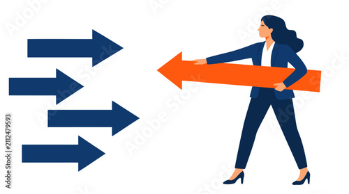 Confident businesswoman holding large orange arrow pointing opposite direction from group of blue arrows, bold flat design illustration symbolizing independent thinking and contrarian business