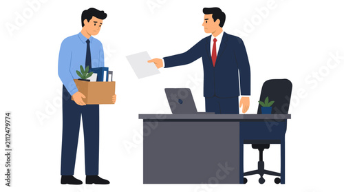 Manager Handing Termination Letter to Dismissed Employee Holding Cardboard Box in Modern Office Workspace