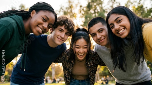 Group of five diverse happy teenage friends leaning together in sunny outdoor park circle, looking down at camera with joyful smiles, friendship connection youth diversity unity togetherness