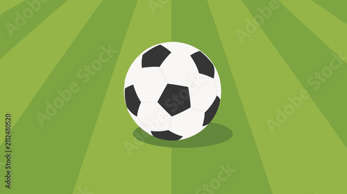 Classic soccer ball with soft shadow on vibrant sunlit grass field, minimalist flat design illustration perfect for sports graphics and athletic branding