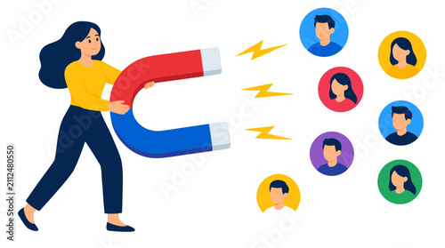 Woman holding giant magnet attracting diverse client avatars with lightning bolts, customer acquisition and lead generation concept illustration in bold flat colors