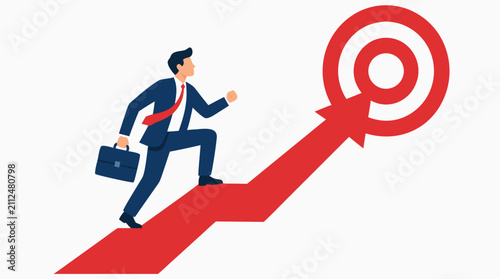 Vector illustration of a businessman in a blue suit and red tie climbing a large red upward arrow towards a target bullseye, holding a briefcase, representing career success, business growth, and