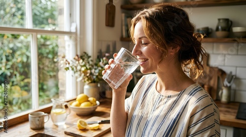 Beautiful young woman drinking fresh water in bright sunlit kitchen, healthy lifestyle morning routine, hydration wellness concept with natural light, fresh organic lemons and home interior