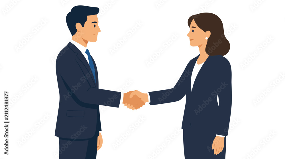 Fototapeta premium Vector illustration of a businessman and businesswoman shaking hands, sealing a business deal, partnership, corporate agreement, cooperation, and professional success in flat design style on white