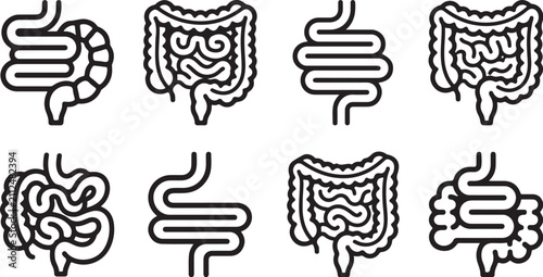 Black and white digestive system icons set