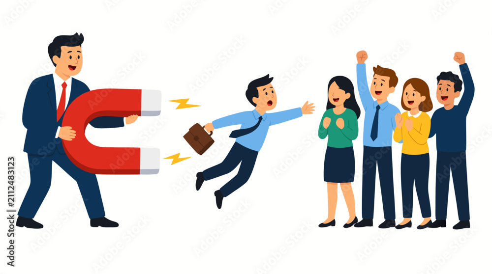 Fototapeta premium Vector illustration of a manager using a large magnet to pull back a leaving employee while a happy team cheers. Concept for talent retention, recruitment, and human resources management.