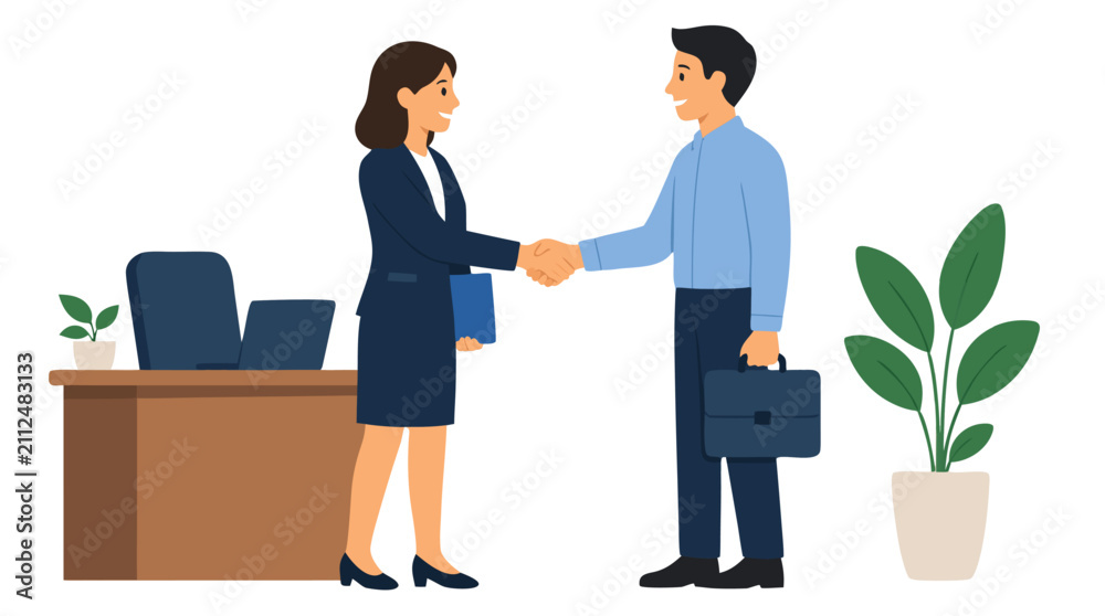 Fototapeta premium Professional business handshake between a smiling man and woman in modern office setting, vector illustration representing successful partnership, corporate recruitment, employment, and teamwork