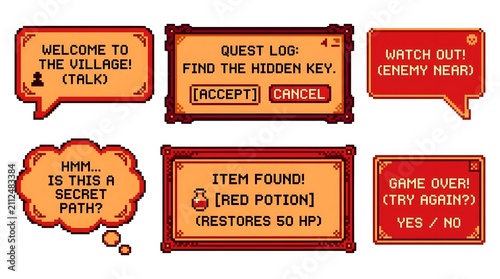 Plakat Collection of pixel art game interface elements and text pop-ups in a retro style, including quest logs and notifications