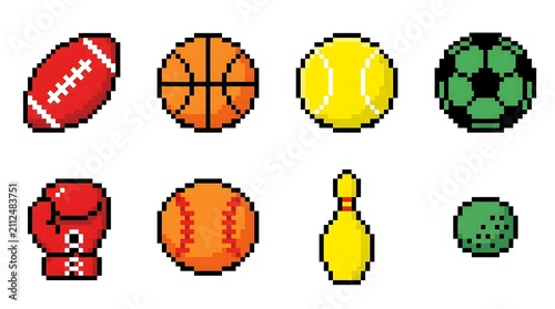A collection of pixel art icons representing various sports equipment