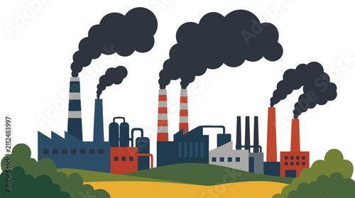 Industrial factory complex with multiple smokestacks emitting thick dark smoke clouds into the atmosphere, vector illustration representing heavy manufacturing, air pollution, and environmental