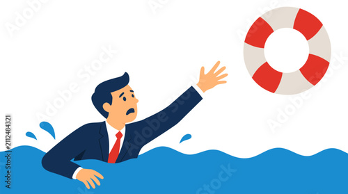Desperate businessman drowning in blue water reaching toward red and white lifebuoy, bold flat design illustration symbolizing financial crisis and emergency business rescue
