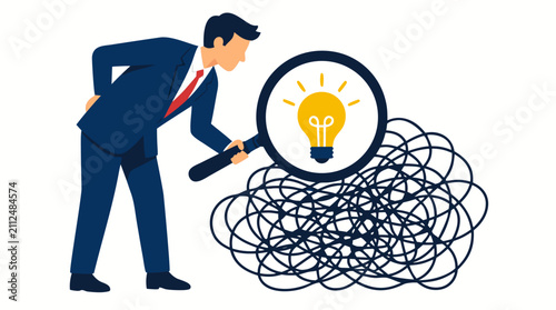 Businessman in a blue suit holding a large magnifying glass over a tangled scribble of lines, revealing a glowing yellow lightbulb inside, symbolizing finding a solution, innovation, or a bright idea
