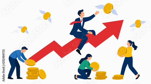 Ambitious businessman riding soaring red growth arrow catching golden coins while team members collect wealth below in dynamic financial success illustration
