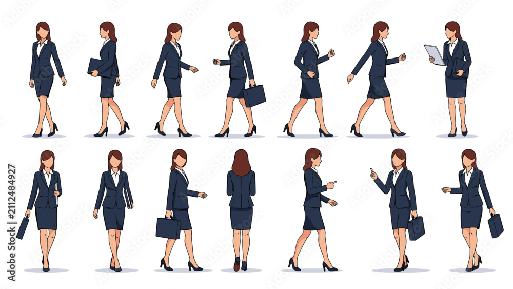 Obraz premium Sequence of walking and standing poses of a professional businesswoman wearing a dark blue skirt suit and high heels.