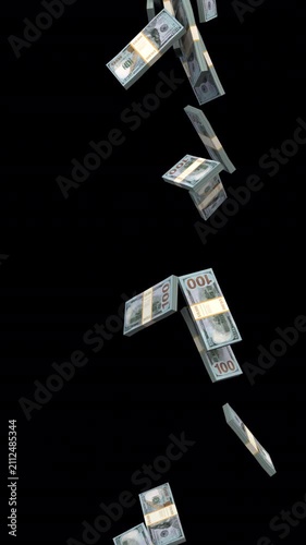 Falling stacks of dollars – 3d render looped with alpha channel.