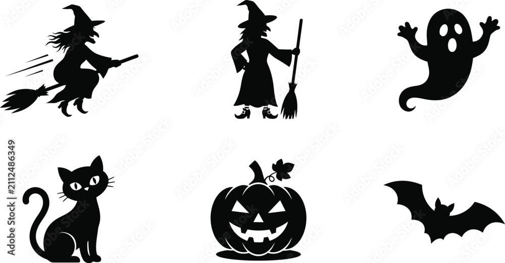 Fototapeta premium Halloween Silhouettes Witch Ghost Cat Pumpkin And Bat On White Background