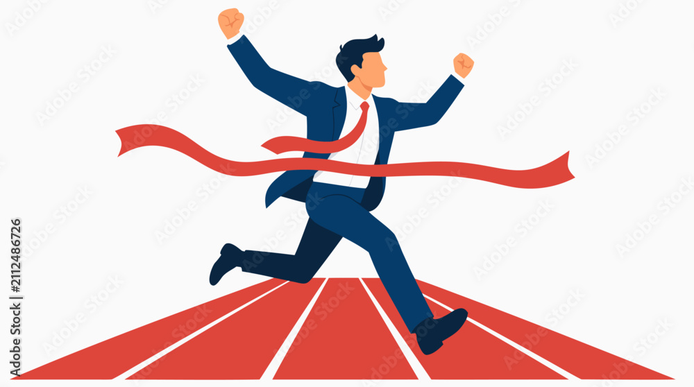 Obraz premium A successful businessman in a blue suit sprinting across a red finish line tape on a running track, celebrating victory with raised fists, symbolizing business achievement and goal success.