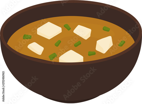 Fotografie Bowl of Japanese miso soup with tofu and green onions, Asian food vector illustr