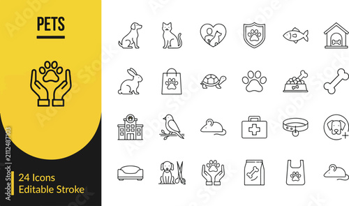 Comprehensive collection of pet care line art icons featuring animals accessories veterinary symbols with editable strokes for design projects veterinary