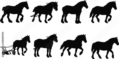 Canvas Print Horse Silhouette Icons Depicting Workhorses in Different Poses and Traditional F